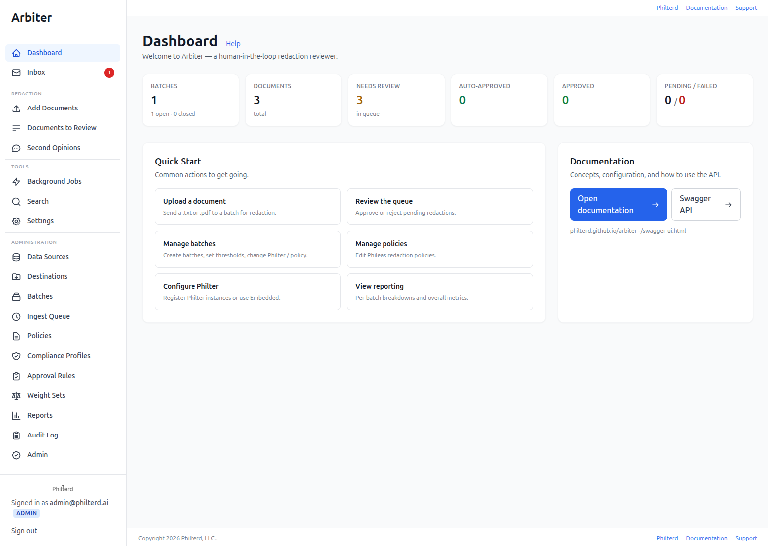 Arbiter review interface showing detected PII spans in context with accept, override, and exempt controls