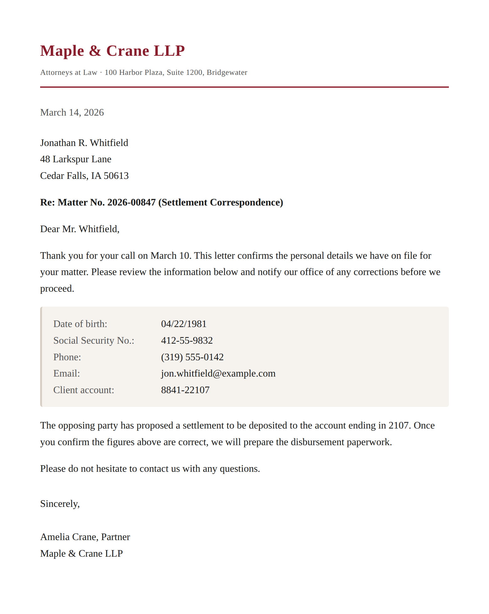 Original law firm letter showing a client's name, address, date of birth, Social Security number, phone, email, and account numbers in plain text