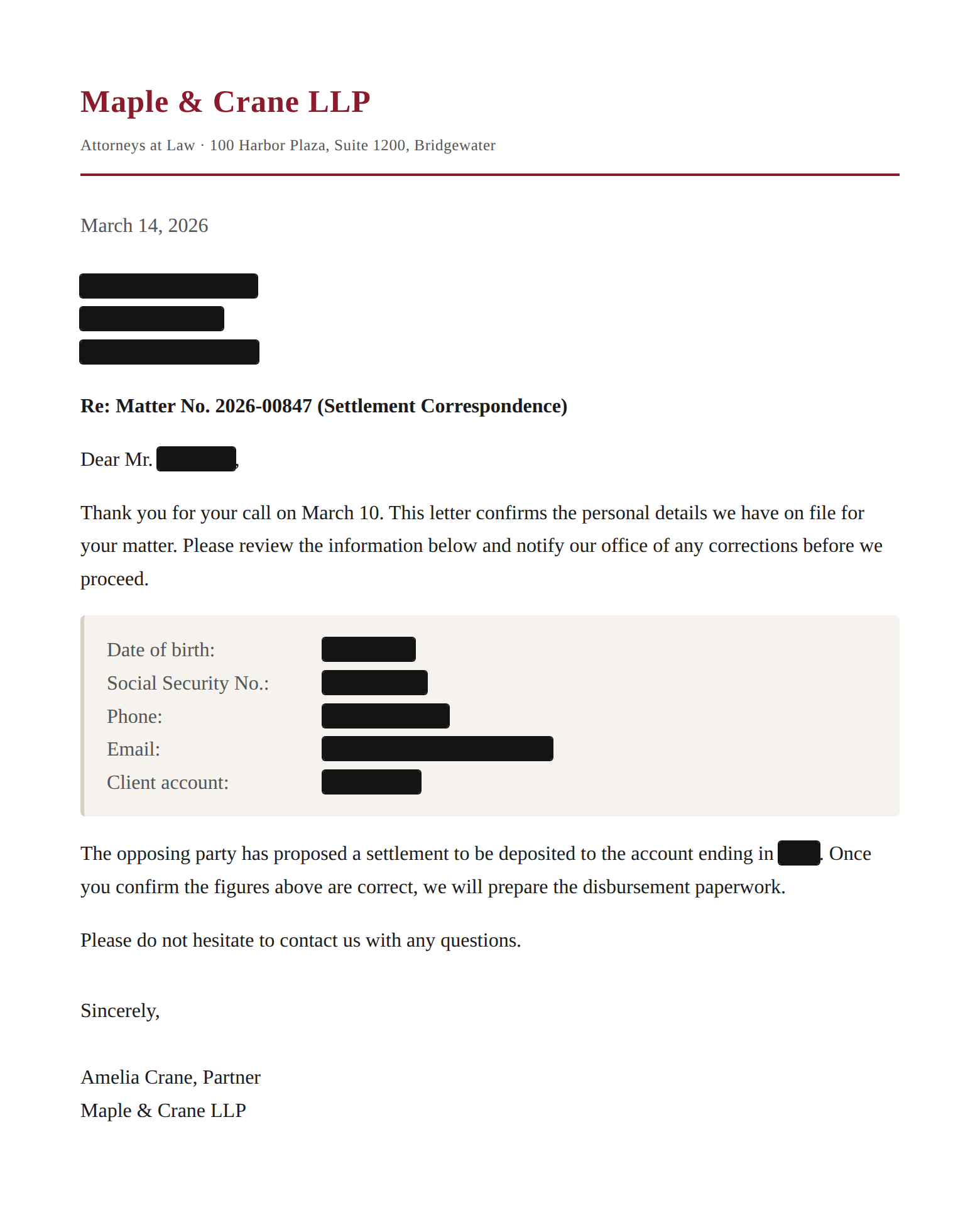 The same letter after redaction, with the client's name, address, date of birth, Social Security number, phone, email, and account numbers blacked out
