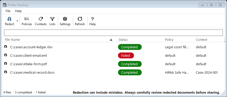 Philter Desktop main window showing a queue of documents with each file's redaction status, policy, and context