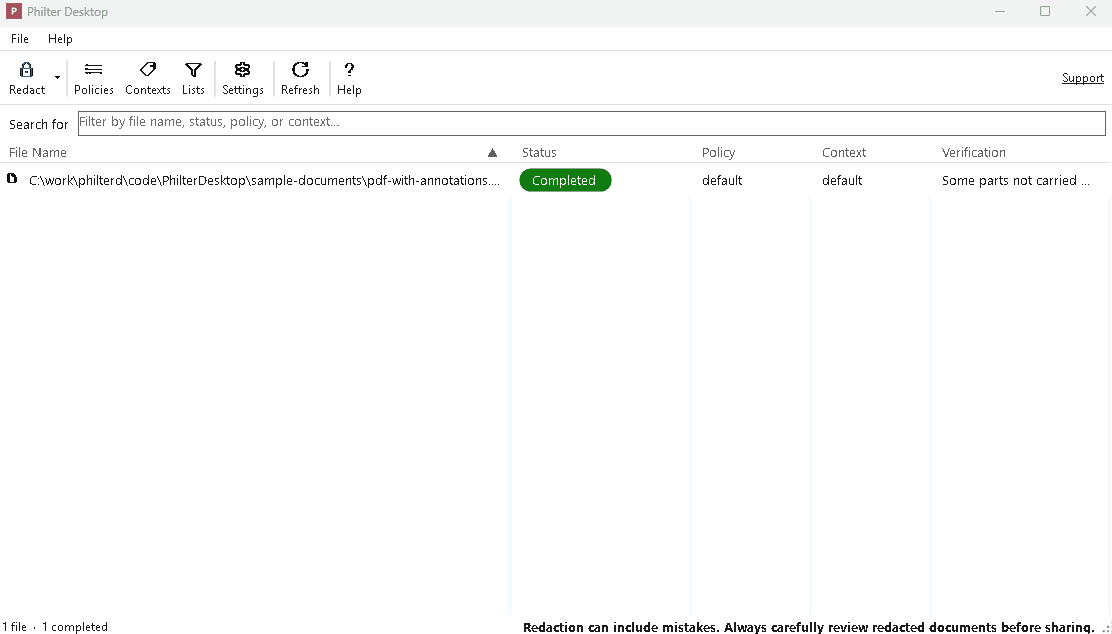 Philter Desktop redacting a document, with detected personal information removed