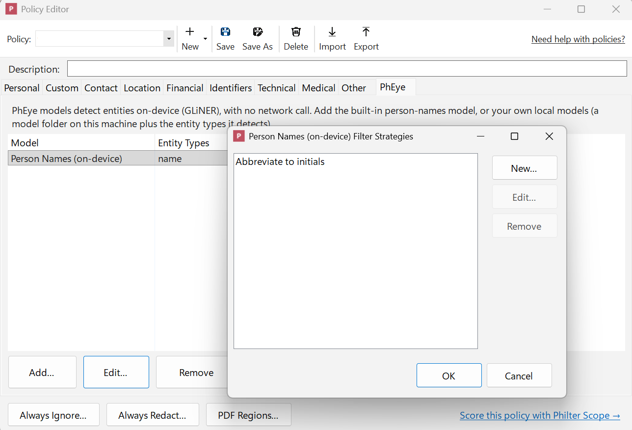 The PhEye tab of the Philter Desktop Policy Editor with the on-device Person Names model selected, and its Filter Strategies dialog open showing one strategy: Abbreviate to initials.