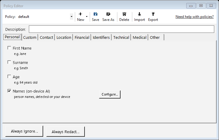 Policy Editor showing configurable detectors organized into tabs