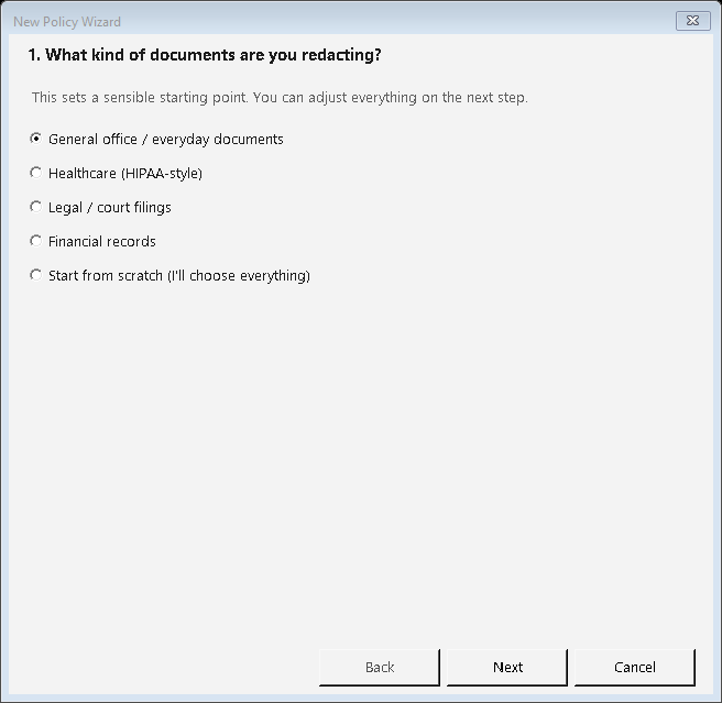 New Policy Wizard asking what kind of documents you are redacting