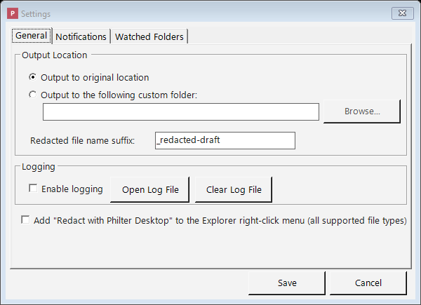 The Philter Desktop settings window showing configuration options for how documents are processed