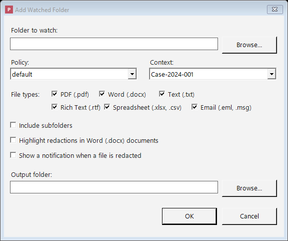 Philter Desktop watched folder settings, configuring a folder to be monitored so new documents are redacted automatically