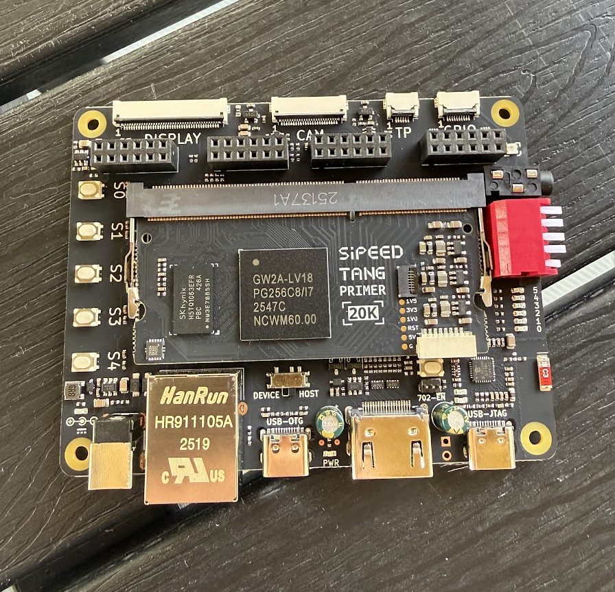 A Sipeed Tang Primer 20K core board seated in its dock, with the Gowin GW2A-LV18PG256C8/I7 FPGA at the centre, a SK hynix DDR3 chip beside it, and Ethernet, HDMI and two USB-C connectors along the front edge.