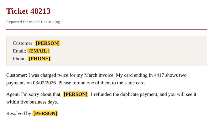 The same ticket after Philter's training data policy. The names read [PERSON], and the email and phone read [EMAIL] and [PHONE]. The conversation about the duplicate charge is still readable.