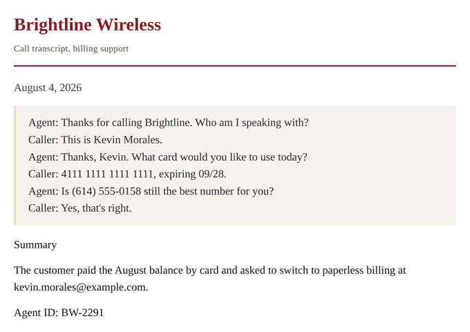 A billing support call transcript in which the caller gives his name, a card number and expiration date, and his phone number, with a summary that includes his email