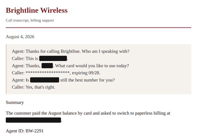 The same transcript after Philter's consumer privacy policy, with the caller's name, phone, and email blacked out and the card number masked with asterisks. The conversation is still readable.