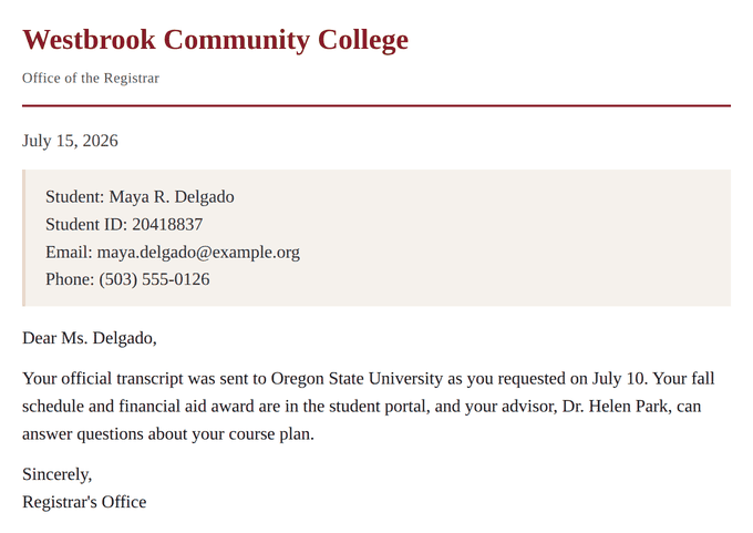 A letter from a community college registrar to a student, listing her name, student ID, email, and phone, and naming her advisor