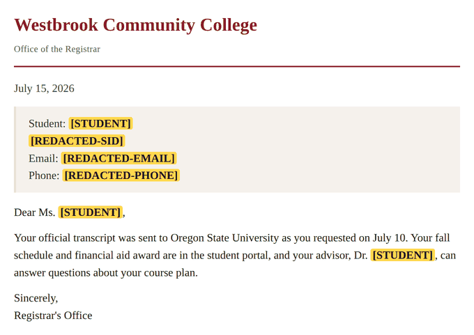The same letter after Philter's FERPA policy. The names read [STUDENT], and the student ID, email, and phone are replaced with redaction labels. The rest of the letter is left readable.
