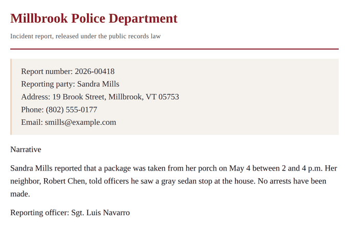 A police incident report being released under the public records law, listing the reporting party's name, street address, phone, and email, with a narrative that names her and a neighbor