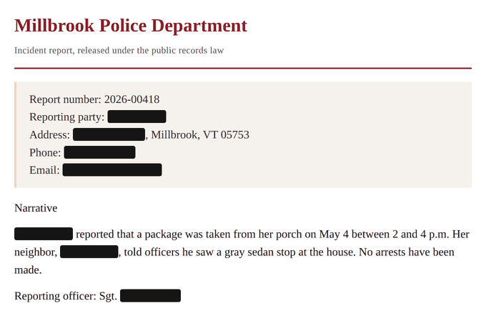 The same report after Philter's personal data policy, with every name, the street address, the phone, and the email blacked out. The town, the report number, and the narrative of what happened are left readable.