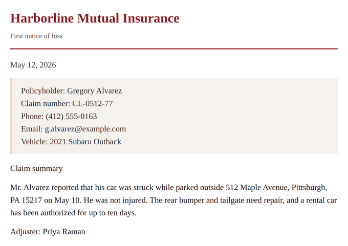 A first notice of loss from an insurer, listing the policyholder's name, claim number, phone, and email, with a claim summary that gives the street address where his car was struck
