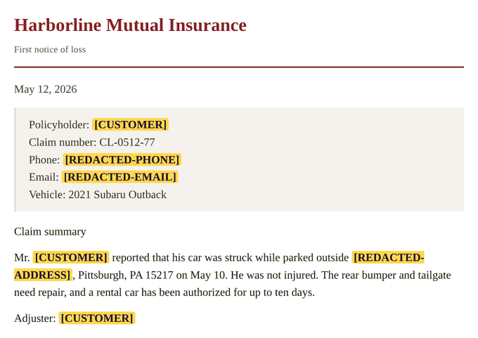 The same notice after Philter's GLBA policy. The names read [CUSTOMER], and the phone, email, and street address are replaced with redaction labels. The claim details are left readable.